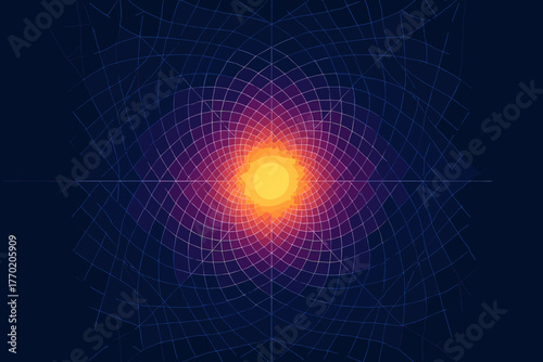 Converging vector featuring illustration structure toward intricate layered luminous meshcore radiant geometry