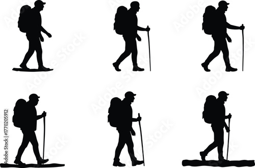 PrintSilhouette of hikers walking with backpacks and trekking poles, outdoor adventure, hiking travel, mountain exploration, camping and nature journey illustration