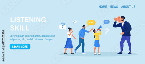 Businessman with big ear to hear people. Leader hearing voice of employees on meeting. Skill of boss to listen to advice, suggestions and opinions. Manager talking with customers, client feedback