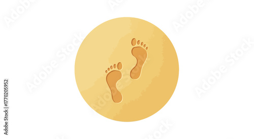 A simple illustration of two human footprints imprinted on a circular patch of yellow sand.