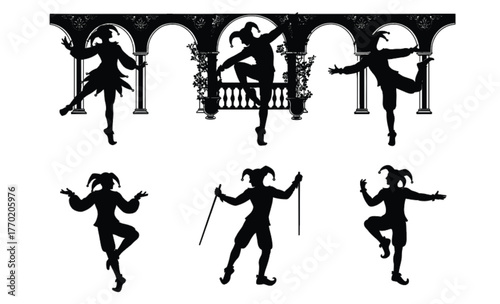 PrintSilhouette of jesters dancing in medieval costume, performing on stage, classic court fools, comedy art, carnival performance illustration, vector design