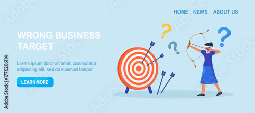 Business woman with closed eyes trying to shoot arrows with bow to hit bullseye but failed miserably. Person aiming with archery at target incorrectly. Wrong business goals, strategies and failure