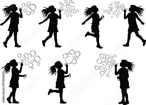 PrintSilhouette of little girl blowing soap bubbles, joyful childhood moment, outdoor fun, playful happiness, innocence, carefree summer day activity, leisure joy