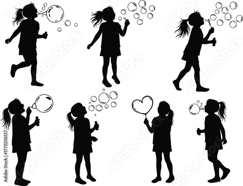PrintSilhouette of little girl blowing soap bubbles, playful childhood moment, outdoor fun, joy, innocence, happiness, leisure activity, carefree life