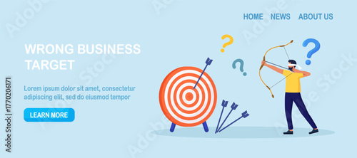 Businessman with closed eyes trying to shoot arrows with bow to hit bullseye but failed miserably. Person aiming with archery at target incorrectly. Wrong business goals, strategies and failure
