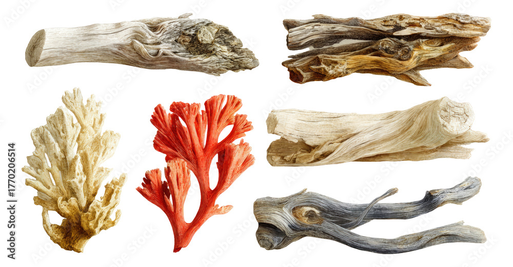 Fototapeta premium Natural Driftwood Varieties on Transparent Background for Artistic Projects