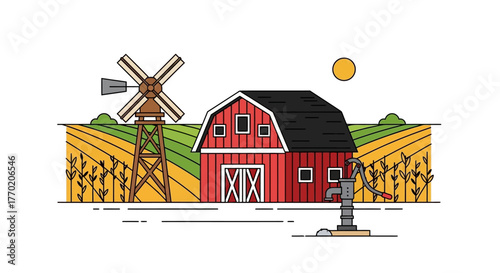 Farm Scene with Barn, Windmill, and Water Pump in a Stylized Field