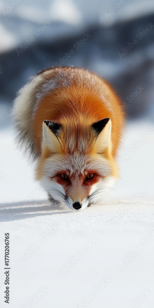 Fototapeta premium A Captivating Red Fox with a Bushy Tail Exploring the Fresh, Fluffy Snow in Winter Wonderland