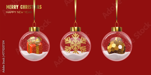 Merry Christmas and Happy New Year greeting card with glass baubles featuring gift box, glitter snowflake and Christmas ball on red background. Elegant festive decoration. Vector illustration.