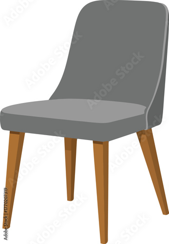 Modern grey dining chair vector illustration with wooden legs and upholstered seat for home decor