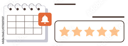 Calendar with notification bell symbol alongside a five-star rating bar. Ideal for scheduling, reminders, reviews, ratings, productivity, organization, time management. Simple flat metaphor