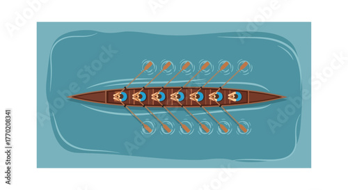 Overhead View Rowing Team Racing Across Calm Waters - Vector Illustration
