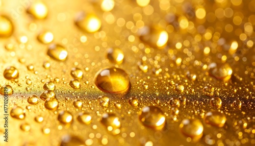 Golden water droplets on reflective surface.
