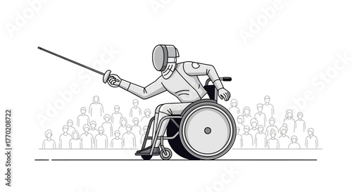 Dynamic wheelchair fencer illustration showcasing the spirit of adaptive sports and athletic determination on the competition arena