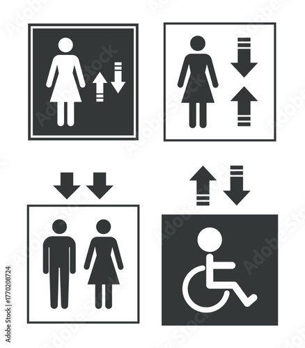 Elevator and lift sign icon set. Toilet icons set. Men and women restroom icon sign right arrow. Disabled wheelchair icon. Vector Illustration.