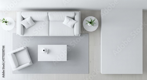 Modern minimalist living room with white sofa, coffee table, and potted plants in bright space