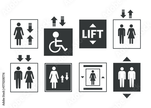 Elevator and lift sign icon set. Toilet icons set. Men and women restroom icon sign right arrow. Disabled wheelchair icon. Vector Illustration.