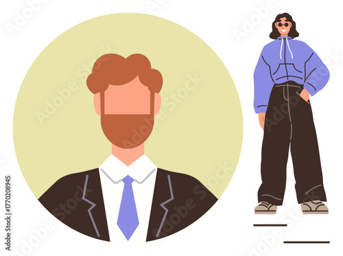 Wallpaper Mural Portrait of a man in business attire alongside a person in trendy oversized casual wear. Ideal for identity, fashion, diversity, lifestyle, business, modern expressions, individuality. Simple flat Torontodigital.ca