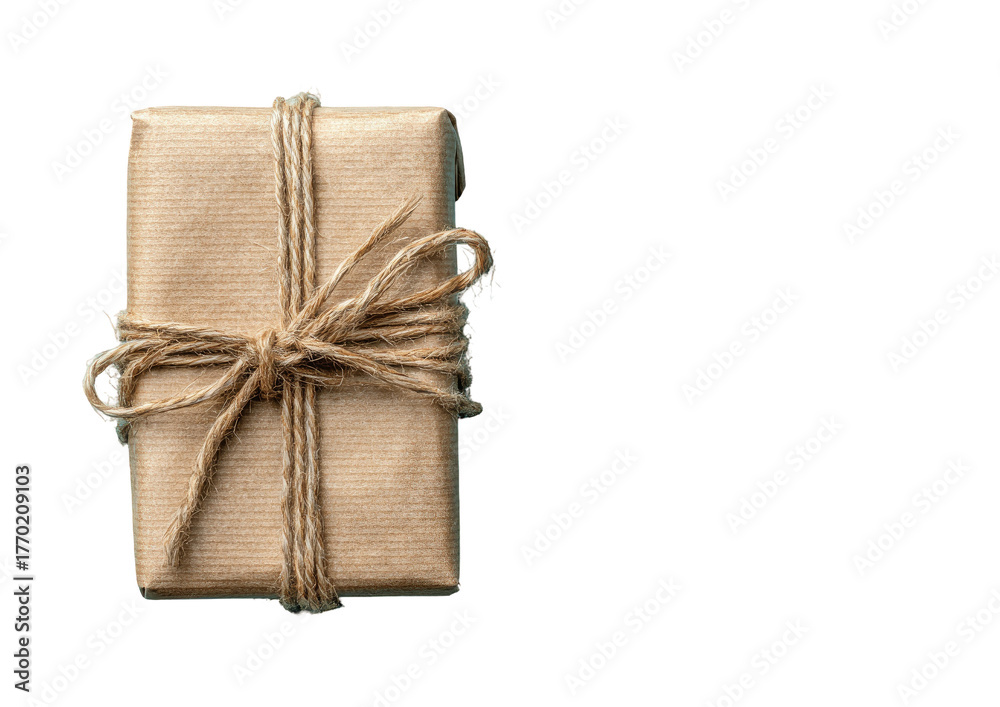 Obraz premium Wrapped gift box in brown paper tied with twine, isolated on black background
