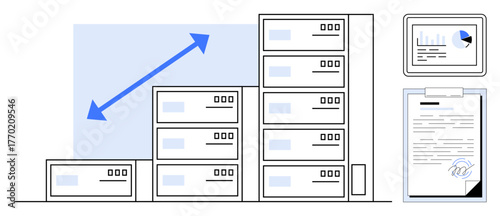 Servers stacked to various heights, growth arrow, data dashboard, signed document. Ideal for data management, cloud storage, analytics, scalability, organization business planning simple flat
