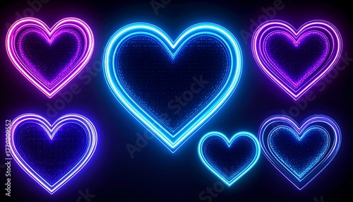 Neon Heart Shapes on Dark Background.