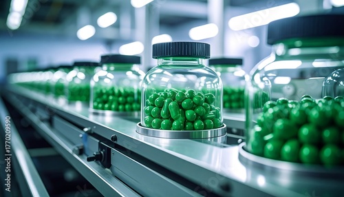 Pills in jars on conveyor belt.