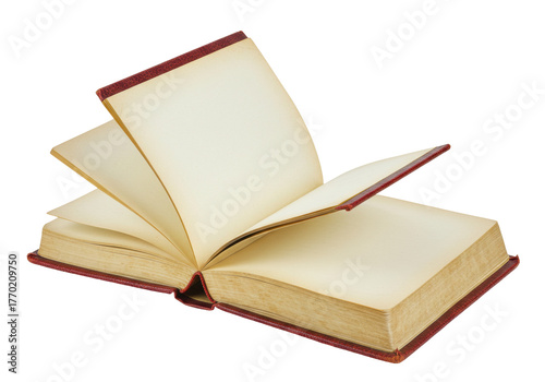 Isolated open book with blank pages, red cover, education concept, antique, vintage style