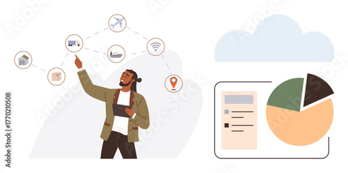 Man interacting with logistics icons and delivery paths connected to data on a chart. Ideal for logistics, transport, data analysis, technology, efficiency, process optimization, digital management