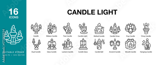 Candle Light icon set. Includes candle, candlelight, flame, wax, wick and More. Editable Stroke Icon Collection.