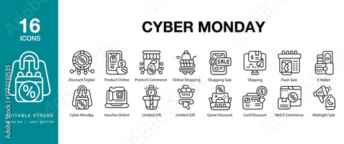 Cyber Monday icon set. Includes cybermonday, sale, discount, deal, promotion and More. Editable Stroke Icon Collection.