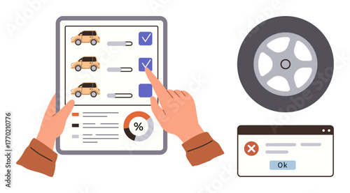 Hands reviewing car options on checklist with charts, a wheel for maintenance, and error popup. Ideal for automotive services, logistics, fleet management, inspections, repairs, decision-making