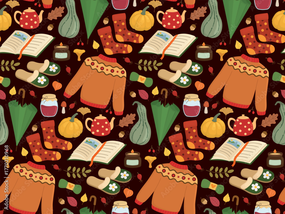 Obraz premium Autumn seamless pattern with different elements on dark. Background with sweaters, candles, pumpkins, books, socks, umbrellas, fall leaves