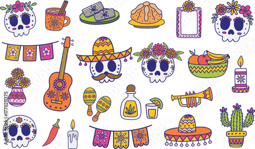 Day of the Dead elements flat lined illustrations set. Mexican holiday Dia De Los Muertos. Hand drawn vector illustrations of sugar skulls, candles, traditional offerings and other festive elements.