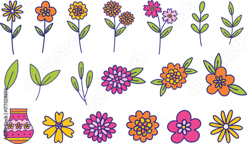 Decorative tropical flowers flat lined illustrations set. Hand drawn vector illustrations of daisies, marigolds, dahlias, and other stylized flowers and leaves.
