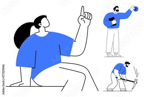 Woman expressing idea with raised hand, man crafting with a hammer, another holding a developing concept. Ideal for teamwork, innovation, creativity, problem-solving, communication, collaboration