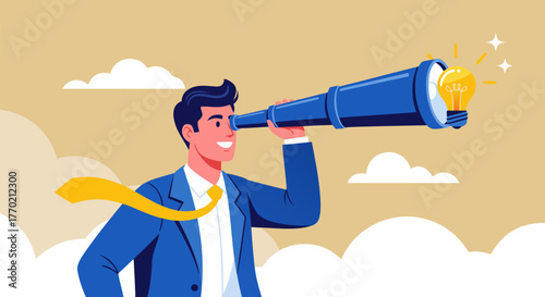 Businessman Looking Through Telescope Discovering New Ideas and Future Opportunities Visionary Strategy and Innovation Concept Illustration
