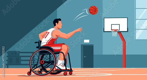 Inspiring illustration of a dedicated adaptive athlete in a wheelchair aiming for the hoop, showcasing sportsmanship, skill, and inclusivity