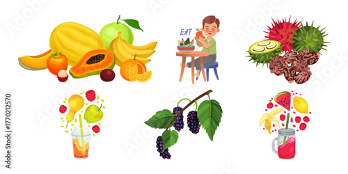 Enjoy fresh, colorful fruits for a healthy lifestyle with delicious smoothie and happy kid eating at table, showcasing vibrant tropical flavors