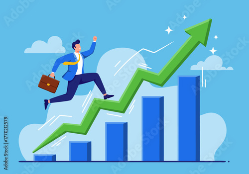 Businessman Running Up Green Arrow Chart A Metaphor for Financial Growth, Success and Business