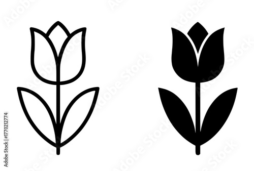 Minimalist icon, tulip flower vector, black and white, outline and silhouette