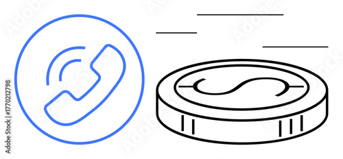 Phone receiver and coin with motion lines indicate business communication, transactions, and fast services. Ideal for finance, trade, customer service, investment, tech, e-commerce simple flat