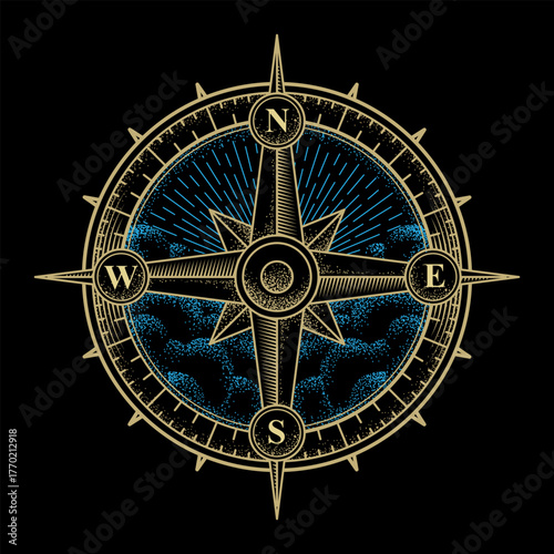 Golden compass with sky and sunlight in engraving line art style