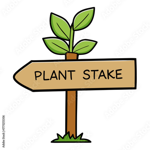 Plant stake sign with green leaves pointing direction for gardening  