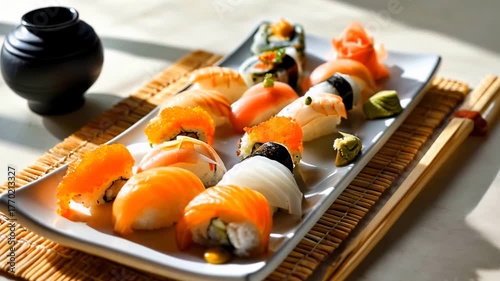 Sushi rolls arranged on a plate with chopsticks and soy sauce  
