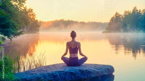 Woman practicing yoga on rock by serene lake at sunrise  