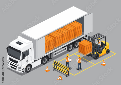 Isometric Truck Unloading Logistics, Delivery, and Transportation Services Icon Design
