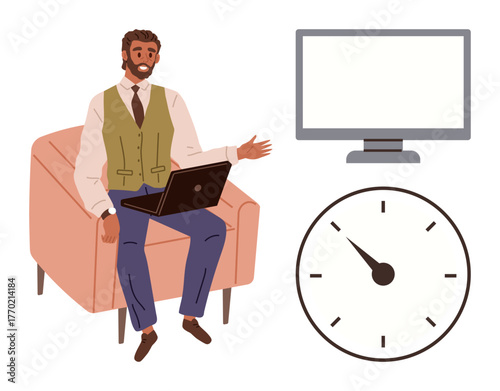 Businessman in armchair using laptop, accompanied by a clock and monitor, representing work-life balance, efficiency, remote work. Ideal for productivity, time management, deadlines, multitasking