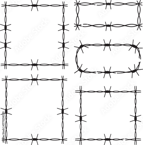 Vector barbed wire frames and borders set with various shapes for security protection and boundary concepts
