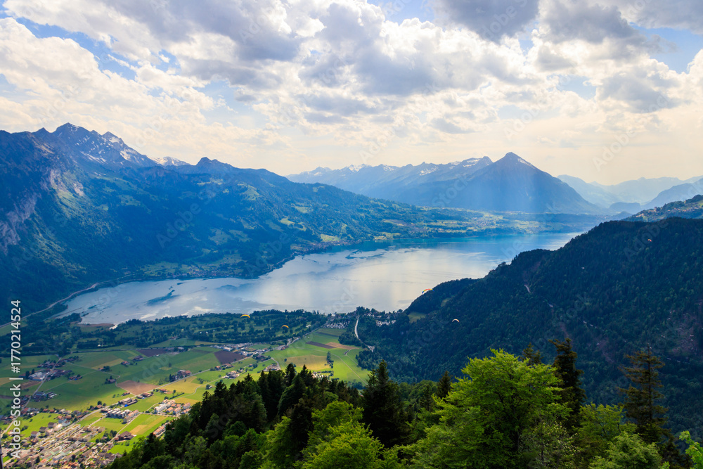 Obraz premium Breathtaking aerial view of Lake Thun and Swiss Alps from Harder Kulm viewpoint, Switzerland