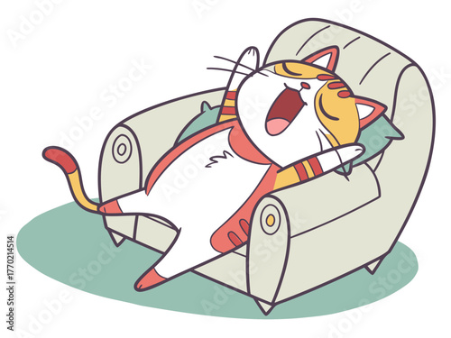 a tired cat is lying on the sofa, The concept of laziness, a cat taking a break from overeating, a couch potato, stagnation, apathy, burnout, self-destruction